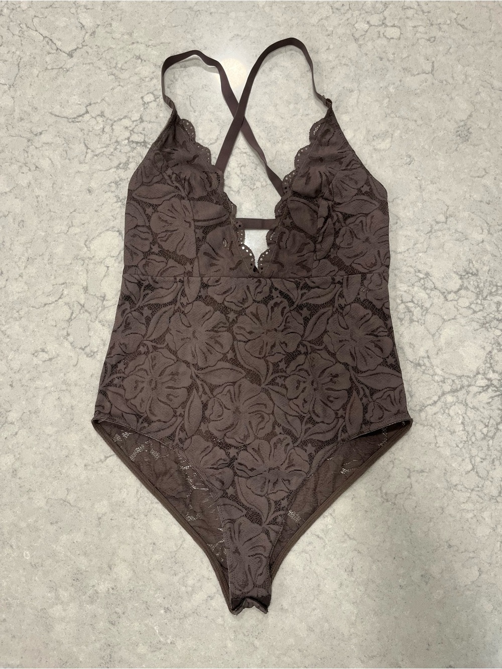 Aerie Dark Grey Lace Floral Bodysuit